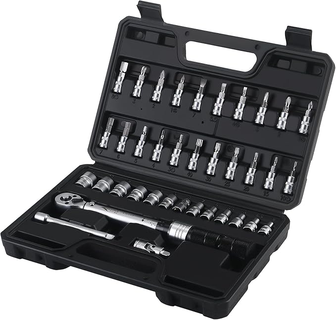 AEROFORCE 1/4 inch 37Pcs Drive Click Torque Wrench Set（4-20 Lb.ft/5.4-27.2 Nm）,Dual-Direction Reversible 1/4" Bike Torque Wrench with Extension Bar, Sockets&Universal Joint, Maintenance Kit for MTB.