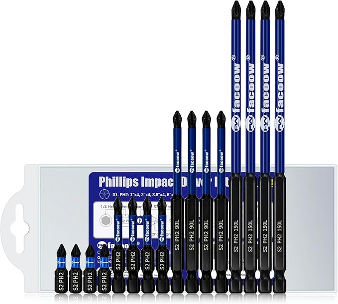 16 Pack Phillips Impact Driver Bits, #2 Phillips Head Magnetic Screwdriver Bits Set, 1" - 6" S2 Alloy Steel Impact Bits, 1/4" Hex Shank Screwdriver Drill Bit, CNC Machined ph2 Impact Drill Bits