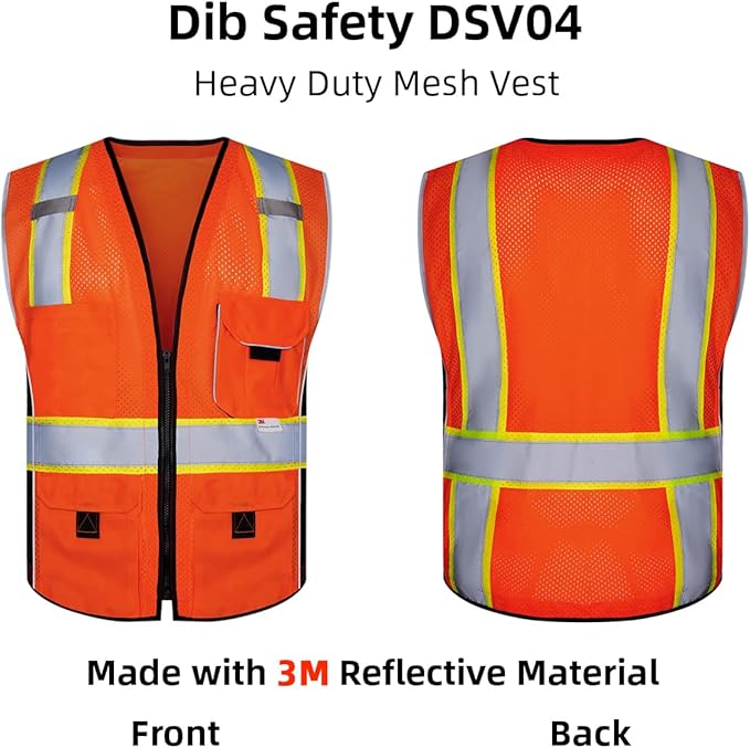 Dib Safety Vest Reflective Orange Mesh, High Visibility Vest with Pockets and Zipper, Heavy Duty Vest Made with 3M Reflective Tape S