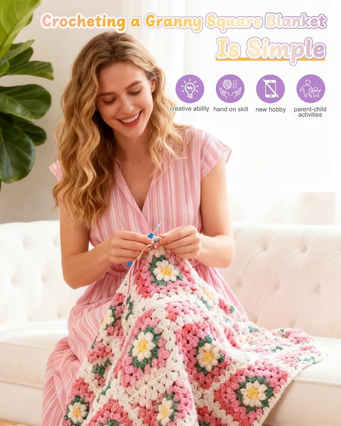 Coopay 3D Blanket Crochet Kit for Beginners, All-in-One Granny Square Blanket - Image 5