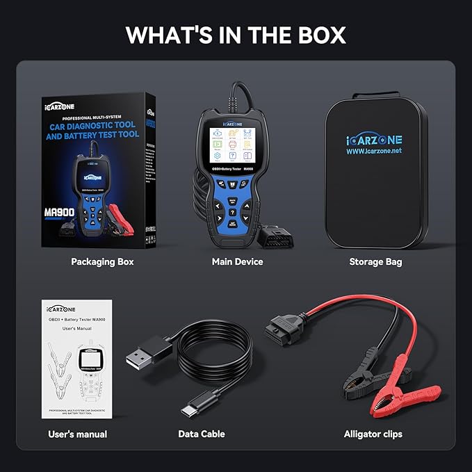 MA900 Battery Tester + OBD2 Scanner 2 in 1, 12V 24V 100-2000CCA Accurate & Instant Battery Health Diagnostic Tool with OBFCM Test I/M Test, Charging & Cranking Analyzer for Car, Motorcycle