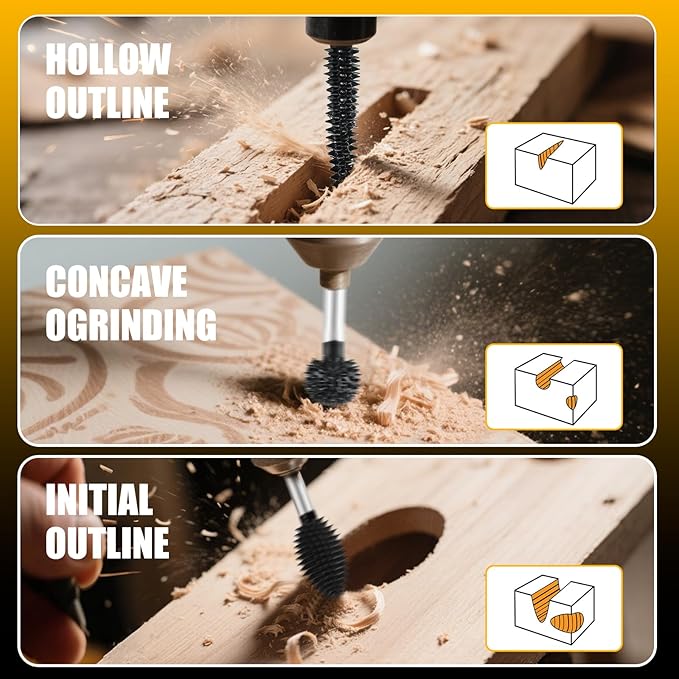 CAELUM 3 Pcs Rotary Burr Set, 1/8" Shaft Die Grinder Bits for Woodworking, Attachment for Dremel, Foredom, DeWalt, Milwaukee, Carving Burrs for Carving Engraving in Wood, Rubber, Plastic