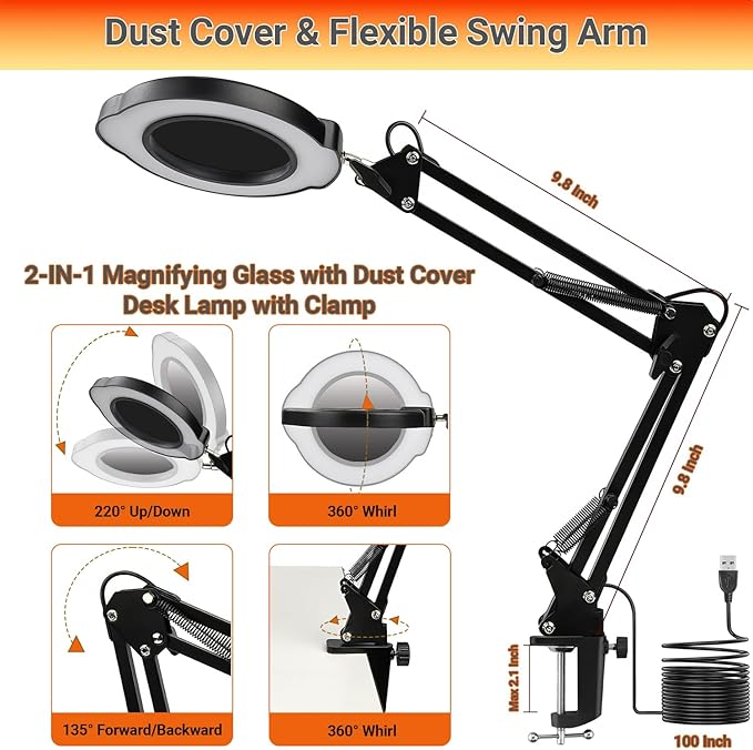 15X Magnifying Glass with Light, Real Glass Lens, 84 LEDs, 5 Color Modes, 10 Brightness Dimmable, Adjustable Swing Arm with Clamp, Hands-Free Magnifier for Reading, Crafts, Repair, Sewing, Close Work