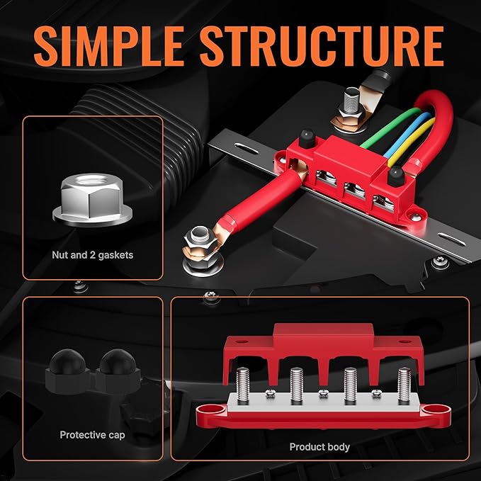 Joinfworld Power Distribution Block Bus Bar 12V 250A with 4 x 5/16"(M8) Studs Marine Bus Bar 12 Volt DC Battery Busbar Terminal Block for Automotive, Car, Boat, Solar Wiring - Negative&Positive