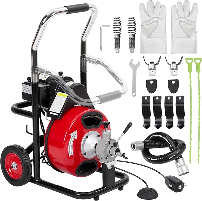 75 FT x 3/8 Inch Drain Cleaner Machine with 250W Motor, Auto Feed Sewer Snake Auger with 8 Cutters & Air-activated Foot Switch, Semi-Enclosed Drum Drain Cleaning Tool for 2" to 4" Pipes