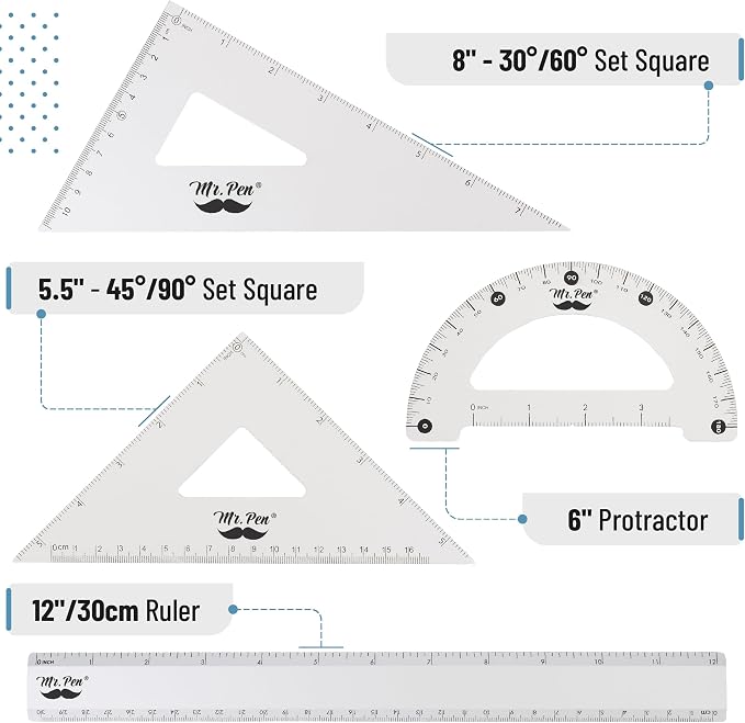 Mr. Pen- Metal Geometry Kit, 4 Pack, 45° & 30°/60° Set Squares | 6" Protractor - Image 2