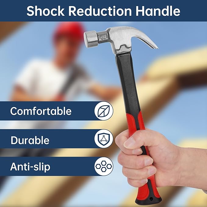 8OZ Claw Hammer with Fiberglass Handle, Drop Forged Claw Hammer, All Purpose Hammer, Smooth Face, Shock-Absorbing Grip