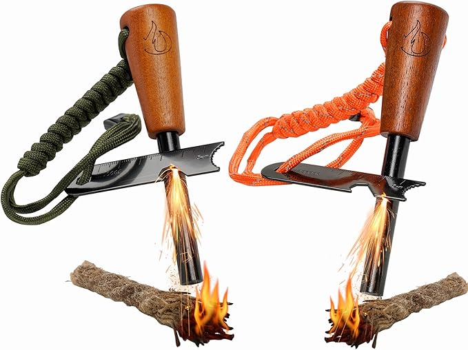 Fire Starter Survival Tool, Ferro Rod Kit with Tinder Wick, Pouch, Waterproof Flint and Steel Fire Starter for Camping, Hiking and Backpacking Gear