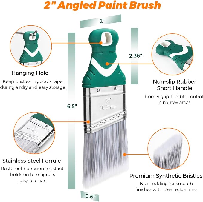 3 Pack 2" Angled Paint Brush Set, Synthetic Bristles, Rubber Short Handle | - Image 2