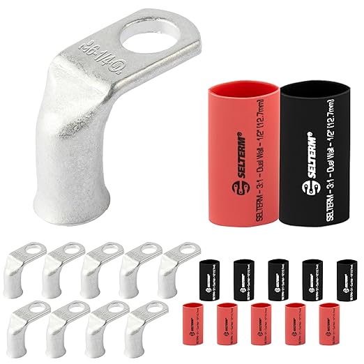 SELTERM 10pcs - 6 AWG 1/4" Stud - 90° Bent Battery Lugs - Ring Terminal Connectors with 12pcs 3:1 Black & Red 1/2" Heat Shrink Tubing | Heavy Duty Battery Cable Ends - Tinned Copper Wire Connector Kit