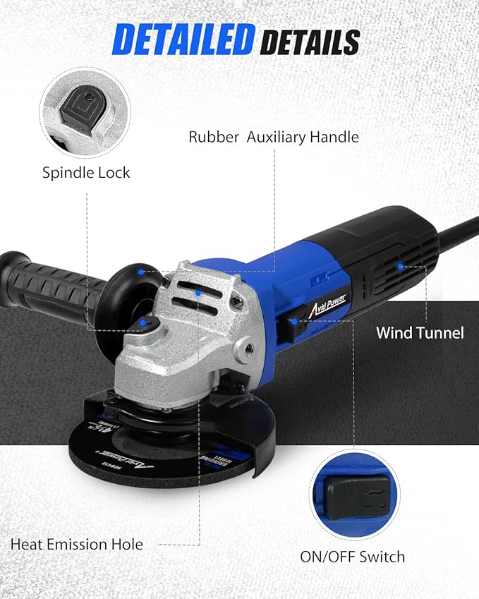 AVID POWER Angle Grinder, 7.5-Amp 4-1/2 inch Electric Grinder Power Tools with Grinding Wheels, Cutting Wheels, Flap Disc and Auxiliary Handle for Cutting, Grinding, Polishing and Rust Removal - Blue