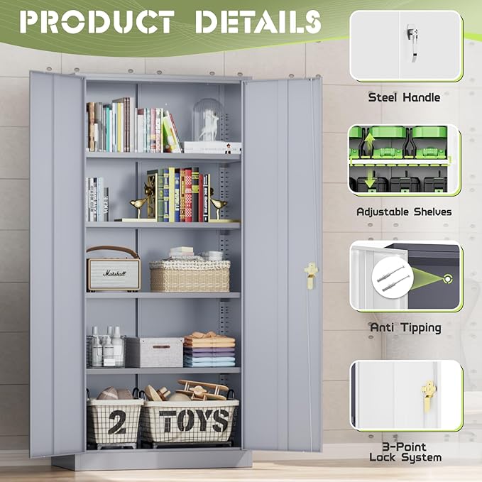 SUNCROWN 72" Metal Storage Cabinet - Heavy-Duty Metal Garage Cabinet with 4 Adjustable Shelves & 2 Doors for Tools, Office, Home, Workshop,Cement Grey-Small