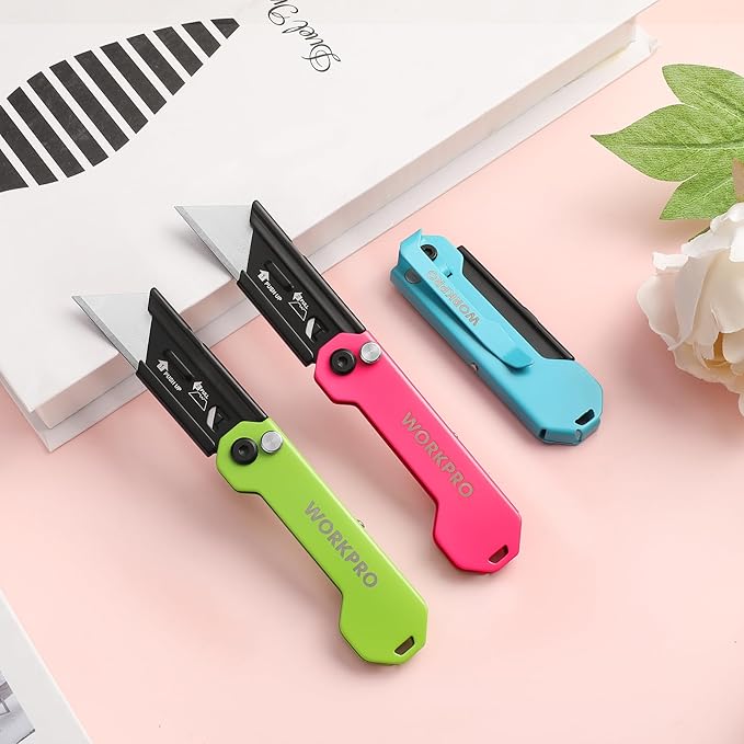WORKPRO 3-Pack Folding Utility Knife, Razor Blade Knife with Safety Axis Lock, Quick Change Blade Box Cutter, EDC Pocket Knife with Belt Clip