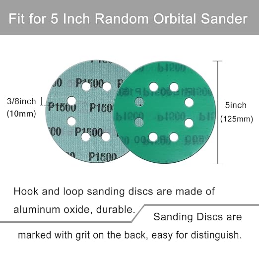 5 Inch 8 Hole Sanding Discs, 50 Pcs Wer Dry Sandpaper 1500 Grit Hook and Loop Green Polyester Film Backed Sanding Disc for Random Orbital Sander Wood Car Metal Plastic (1500 Grit, 50 Pack)