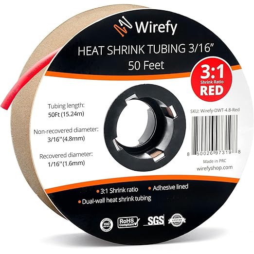 Wirefy 3/16" Heat Shrink Tubing - 3:1 Ratio - Adhesive Lined - a Resistant Heat Shrink - Red - 50 Feet Roll