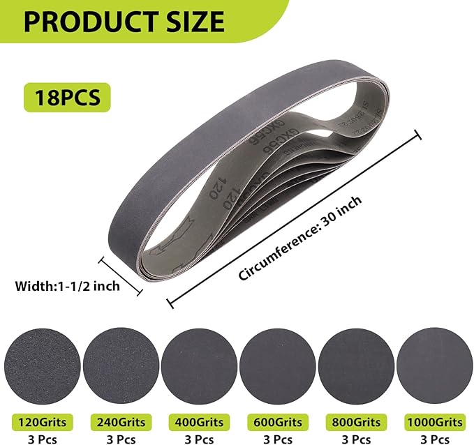 Taokyid 18 Pack 1-1/2 x 30 Inch Sanding Belts, 1.5 x 30 Silicon Carbide Sanding Belts, 3 Each of 120 240 400 600 800 1000 Grits Sander Belts for Knife Sharpening and Metalworking