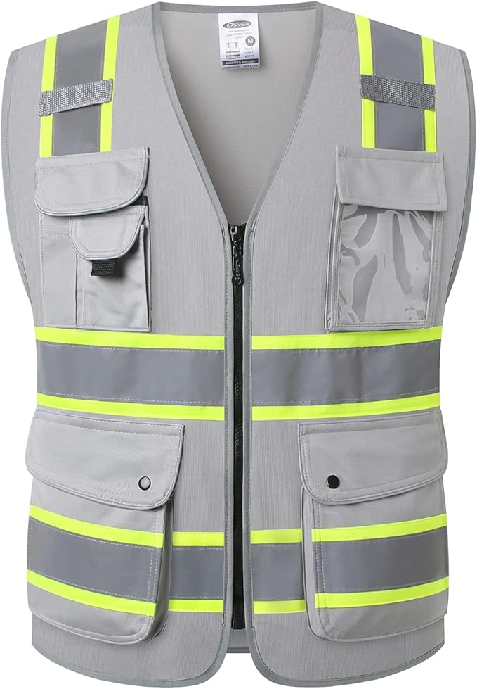 JKSafety 9 Pockets Hi-Vis Fluorescent Color Zipper Front Safety Vest with Neon Color Extended Yellow Trims for Men and Women Work Safety Utility (901-Grey 4XL)