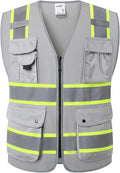 JKSafety 9 Pockets Hi-Vis Fluorescent Color Zipper Front Safety Vest with Neon Color Extended Yellow Trims for Men and Women Work Safety Utility (901-Grey 4XL)