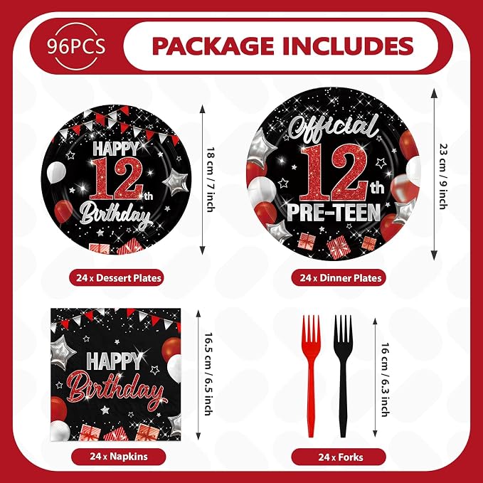 96Pcs Red and Black Party Decorations Happy 12th Birthday Plates and Napkins 12 - Image 2