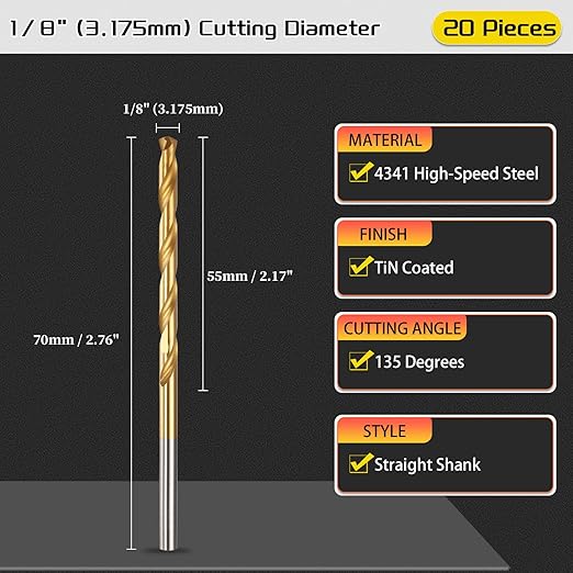 Drill Bit, 1/8" Cutting Diameter, 4341 HSS TiN Coated 135° Cutting Angle Jobber Bits - (Applications: for Drilling Soft Metal Plastic Wood), 20-Pieces