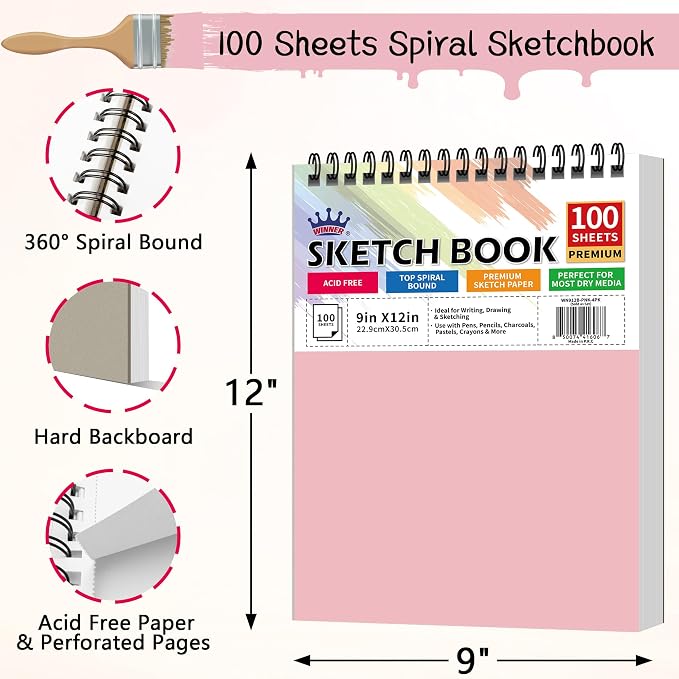 WINNER 9" x 12" Sketch Book 4 Pack, 400 Sheets Spiral Bound Art Sketchbook - Image 2