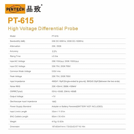 PINTECH Oscilloscope Probe 1500V, 100MHz High Voltage Differential Probe kit 3.5ns Rise Time 20X/200X Attenuation Rate, PT-615