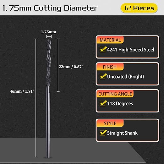 Drill Bit, 1.75mm Cutting Diameter, 4241 HSS Nitriding Black 118° Cutting Angle Versatile Jobber Bits - (Applications: for Drilling Plastic Wood Soft Metal), 12-Pieces