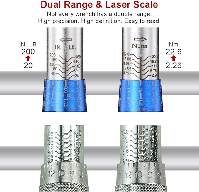 1/4-inch Drive Dual-Direction Click Torque Wrench (20-200in.lb / 2.26-22.6Nm) 90-tooth High Accuracy Torque Wrench