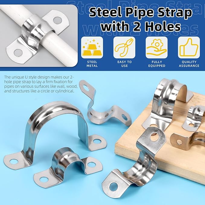 Glarks 50Pcs M8 Pipe Strap Clamp, 304 Stainless Steel 2 Hole Strap Heavy Duty Rigid Pipe Strap U Bracket Tube Strap Cable Clamp Hanger Tension Tube Clip for Pipe Tube Cable Fixing (40mm (1-1/2"))