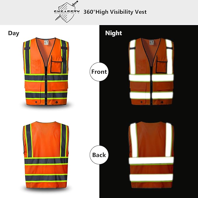 SKSAFETY 10 Pockets Safety Vest, Class 2 High Visibility Security with Zipper Back Mesh, Hi Vis Vest with Reflective Strips, ANSI/ISEA Standard, Construction Work Vest for Men ＆ Women （Orange, M）