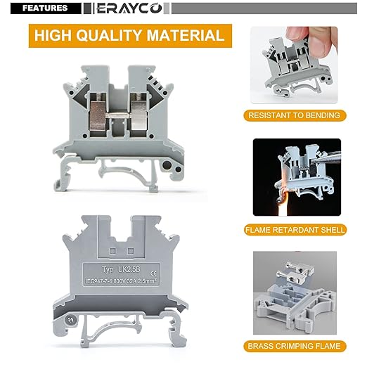 Erayco UK2.5B-GR DIN Rail Terminal Block, Screw Clamp, 600V 20A 24-12AWG, Pack of 100
