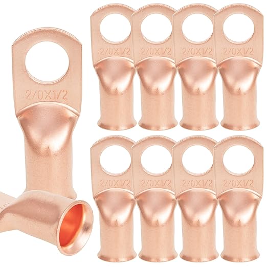 10 PCS 2/0AWG - 1/2''Stud Heavy Duty Copper Terminals,Battery Cable Crimp Lugs,Battery Cable Ends, Bare Copper Eyelets Tubular Ring Terminals,Closed End Crimp Electric Connectors