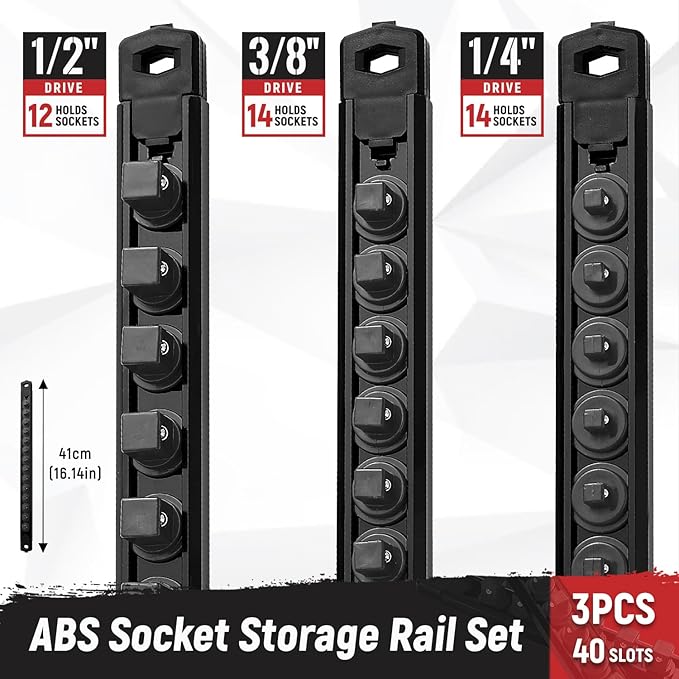 Magnetic Socket Organizer, 1-Piece Heavty Duty ABS Socket Holder, Socket Rail for Tool Box, Premium Quality 360° Swivel Socket Rack with 12 Clips for 1/2-Inch(Black)