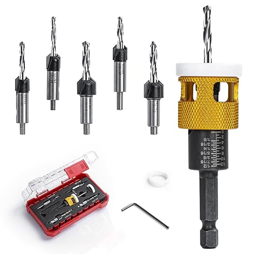 Countersink Drill Bit Set for Wood,7 PCS Counter Sink Drill Bit with HSS Tapered Drill Bits and 1/4" Hex Shank Quick Change for Woodworking with Storage Box