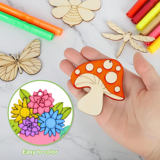 80PCS Wooden Spring Ornaments to Paint, 8 Styles DIY Blank Unfinished Wood - Image 2
