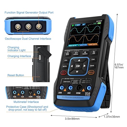 3 in 1 Handheld Oscilloscope Multimeter DDS Generator with 2 Channels, 10000 Counts, 10MHz Bandwidth, 50MSa/s Sampling Rate, AC/DC, Voltage, Current, Capacitance, Resistance, Diode, Continuity Test