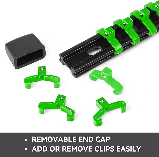 ALOANES 12 PC ABS Socket Organizer,1/2 inch, 3/8 inch, and 1/4 inch Drive Socket Rail Holders, Heavy Duty Socket Racks, Black Rails with Green Clips