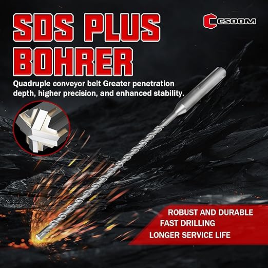CSOOM SDS Plus Rotary Hammer Drill Bit 1/4"x8.27", Professional Concrete Drill Bit for Concrete, Brick, Stone and Cement Walls