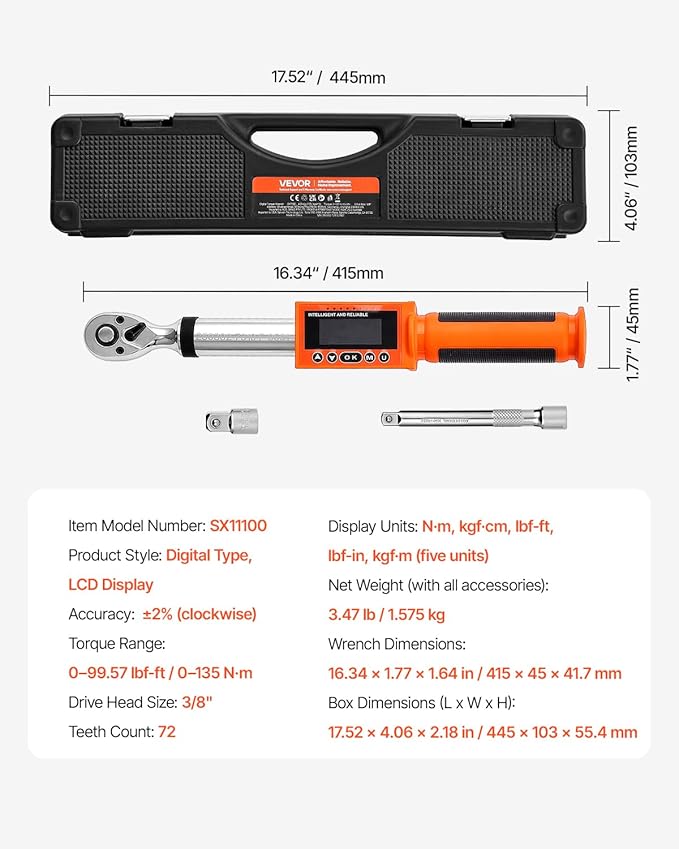 VEVOR Digital Torque Wrench 3/8" Drive, 5-99.57FT.LB(6.7-135Nm) ±2% Accuracy, Electronic Torque Wrench with Preset Mode,Vibration,Buzzer,LED Notification,Extension Bar, 1/2 Adapter, 5 Units of Measure