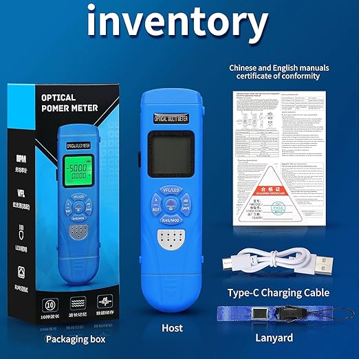 Rechargeable Optical Power Meter L-C50-50km mini Fiber Cable Tester Suitable for SC/FC/ST/LC Interface 4-in-1 Function Built-in 50km Visual Fault Locator RJ45 Network Testing with 1 FC-LC Adapter