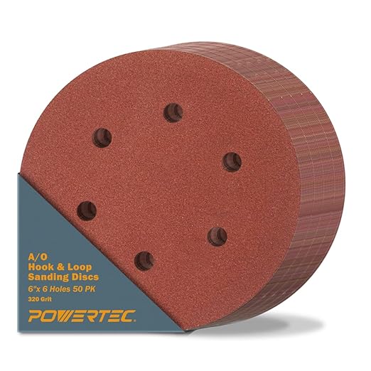 POWERTEC 320 Grit, 50 PK, 6 Inch Sanding Discs – Hook and Loop, 6-Hole Aluminum Oxide Orbital Sander Pads, Woodworking Round Sandpaper for Random Orbital, Air, Pneumatic & DA Sanders (45232-P2)