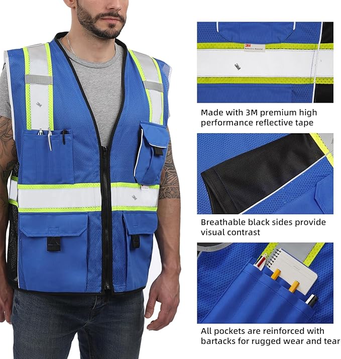 Dib Safety Vest Reflective Blue Mesh, High Visibility Vest with Pockets and Zipper, Heavy Duty Vest Made with 3M Reflective Tape 2XL