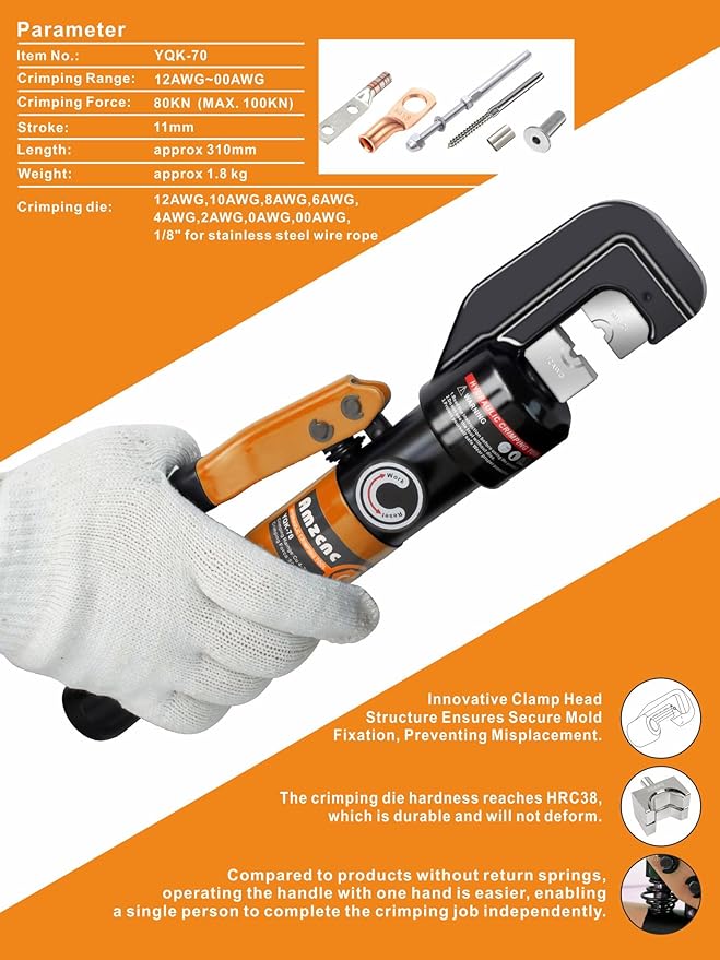 AMZCNC Hydraulic Cable Lug Crimper 8 US TON 12 AWG to 00 (2/0) Electrical Terminal Cable Wire Tool Kit with 9 Die (Crimping Tool and Copper wire scissors)