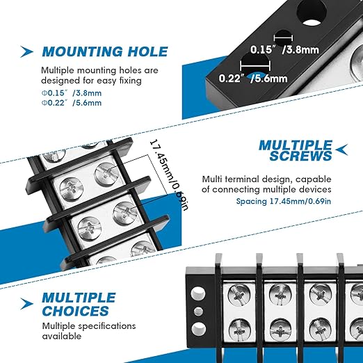 GLOSO TBE Double Row Stainless Terminal Blocks, Marine Grade, 4-14 AWG Cu, 75A/600V - 1 Pack, 4 Poles