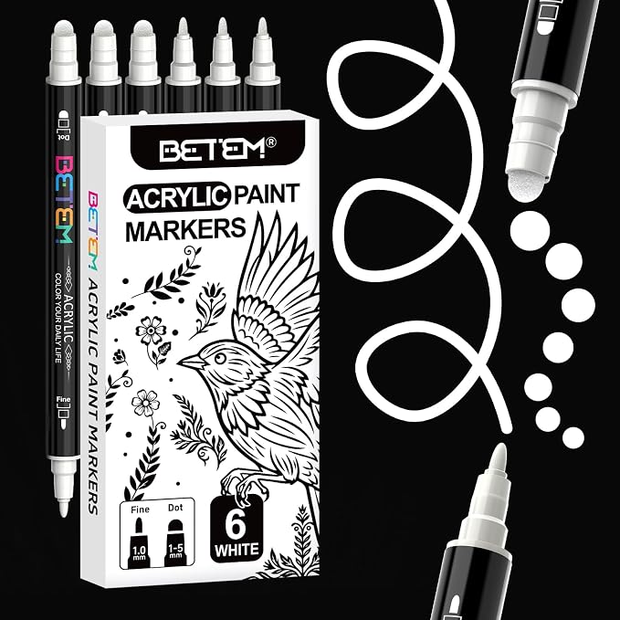 Betem 6 White Dual Tip Acrylic Paint Markers, Fabric Decorating Kits Premium by BetemArtWorld