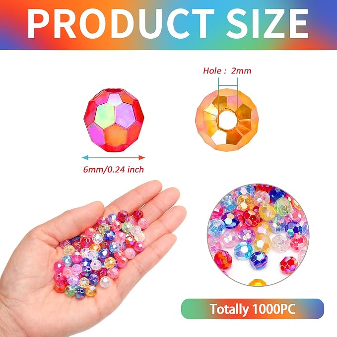 BONNY BOXX 1000pcs 6mm Acrylic Faceted Round Crystal Beads Transparent Mix - Image 2