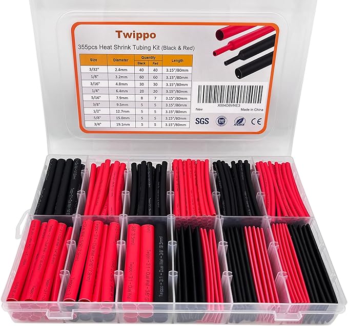 Heat Shrink Tubing Kit 355pcs - 3:1 Adhesive Lined - Electrical Waterproof Industrial Heat Shrink Tape Terminals- Marine Grade Wire Connector Shrink Wrap Tube - 3.15" Length - Black and Red