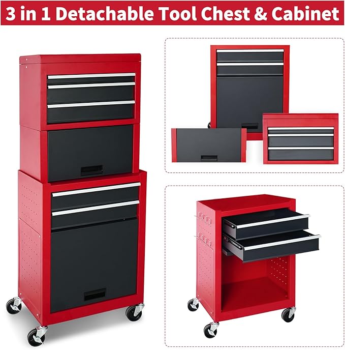 Rolling Tool Chest, 3-in-1 Detachable Metal Tool Box with Wheels & Drawers, High Capacity Toolbox Organization Sliding Drawers Garage Storage Box Cabinet Tools Cart for Warehouse Workshop