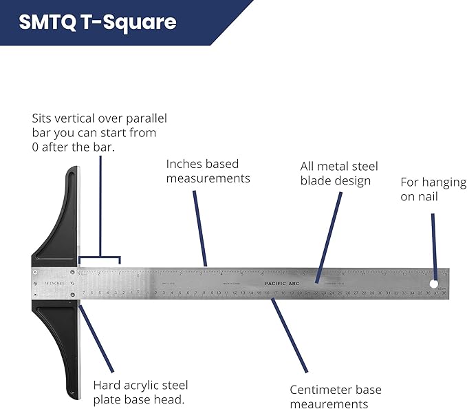 Pacific Arc 18 Inch T Square, Traditional Stainless Steel, Graduated Inch and Metric