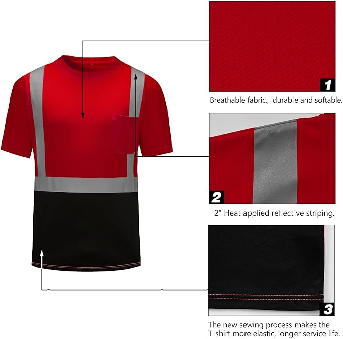 High Visibility Shirts Quick Dry Safety T Shirts with Reflective Strips and Pocket Short Sleeve Mesh Hi Vis Construction Work Class 2 Shirt for Men/Women Black Bottom Red,XL